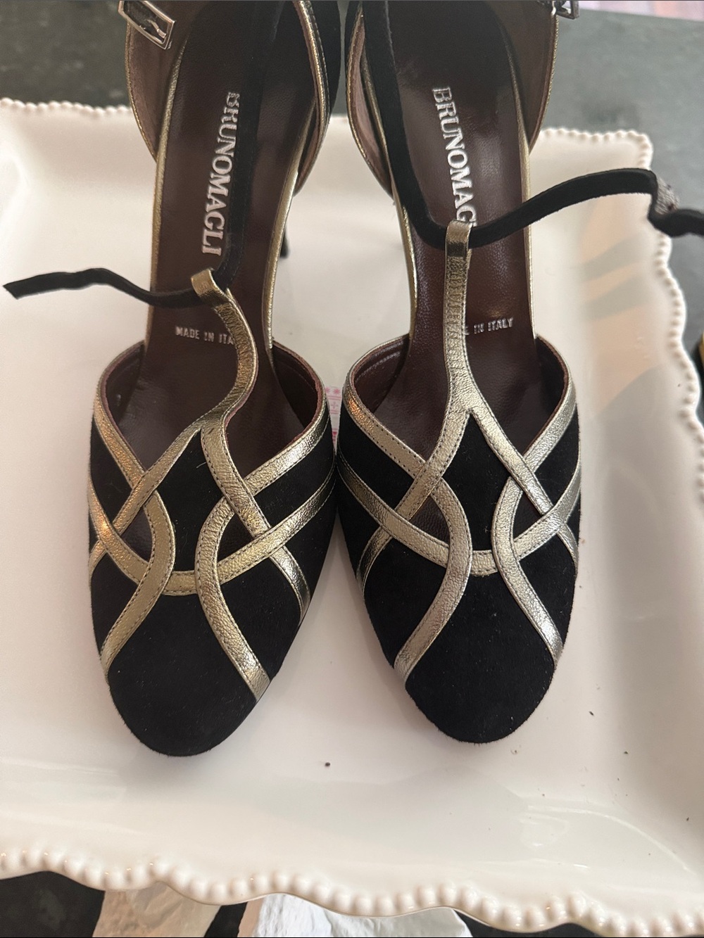 Bruno Magli Black and Gold T-Strap Evening Heels